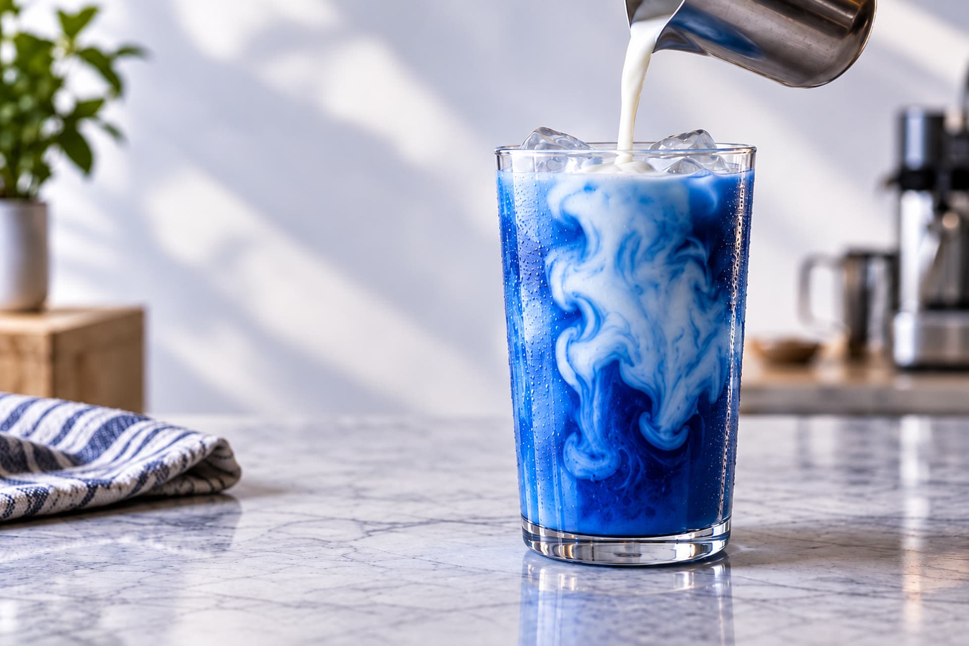 A vivid blue latte with milk poured through it.